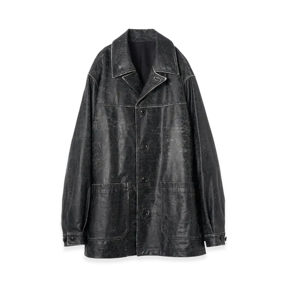 YOKE Cracked Goat Leather Car Coat "Black"