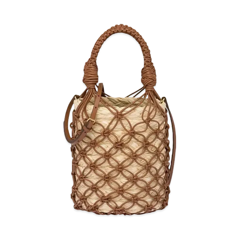 MIU MIU Leather Mesh x Straw Bucket Bag "Beige/Cognac"