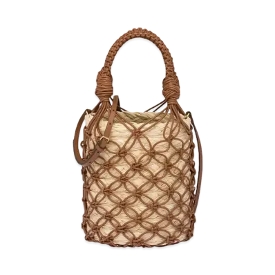 MIU MIU Leather Mesh x Straw Bucket Bag "Beige/Cognac"