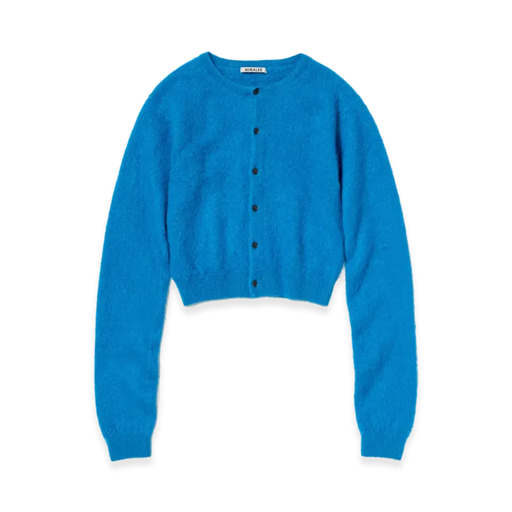 AURALEE Women's Garment-Dyed Baby Alpaca Fur Knit Crew-Neck Cardigan "Royal Blue"