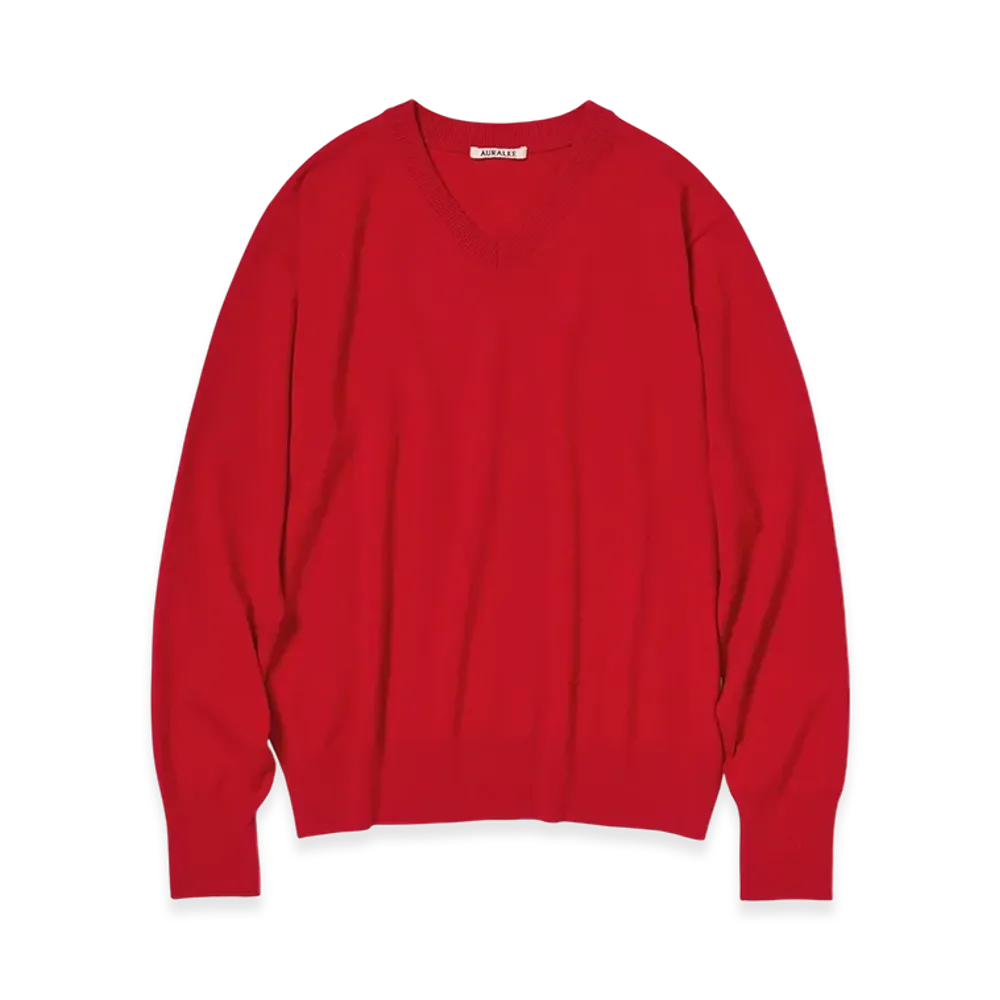 AURALEE High Twist Wool Knit V-Neck P/O "Red"