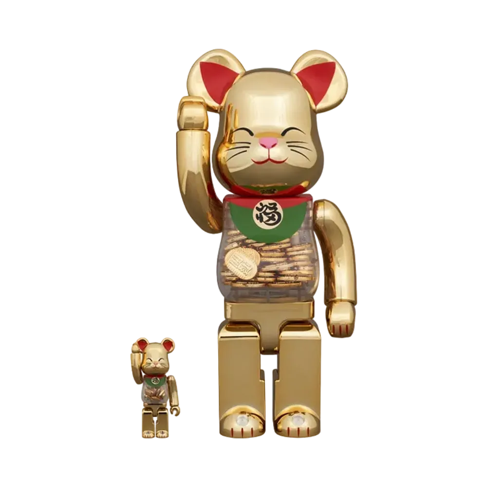 MEDICOM TOY "BEARBRICK" Lucky Cat Oval Good Luck Gold Plated 100% & 400%
