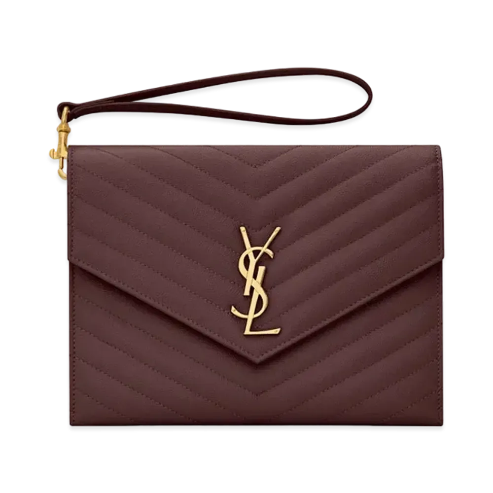 Saint Laurent Monogram Clutch In Quilted Grain De Poudre Embossed Leather "Rouge Legion"