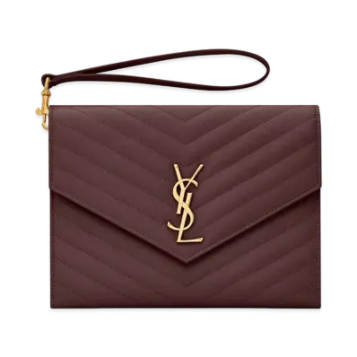 Saint Laurent Monogram Clutch In Quilted Grain De Poudre Embossed Leather "Rouge Legion"
