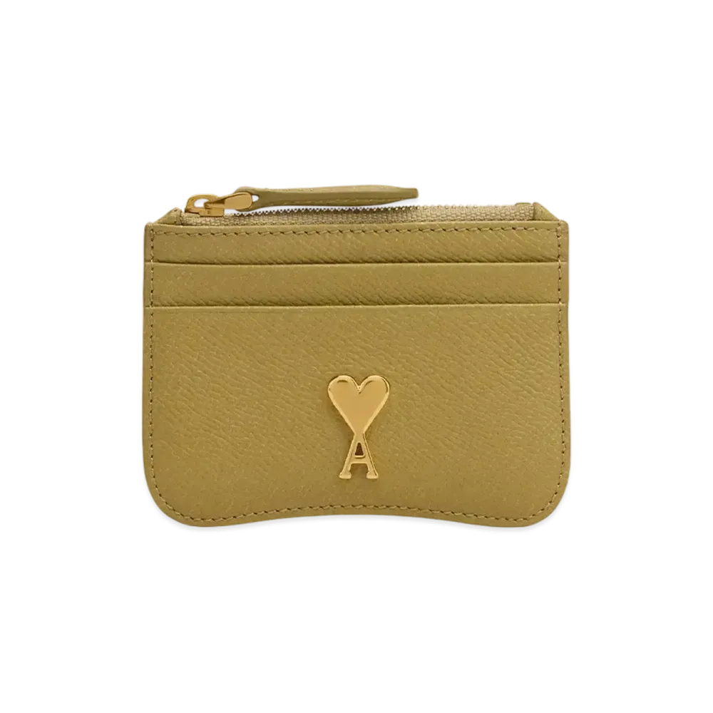 AMI PARIS Leather Zip Card Holder "Havane/LaitonVibre"