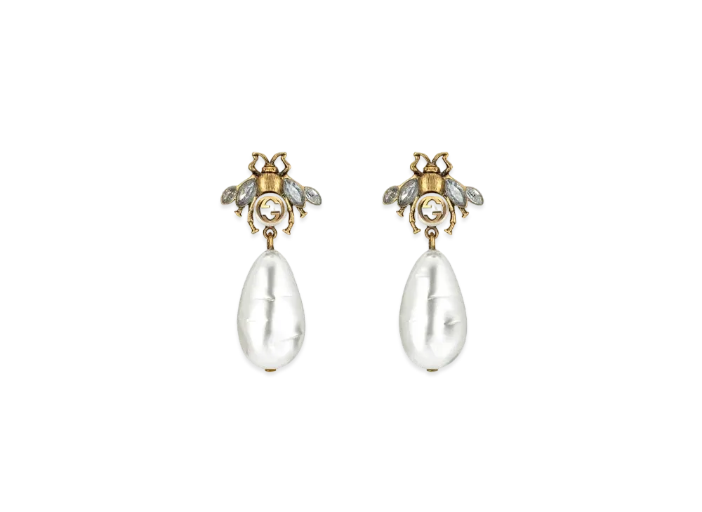 GUCCI Bee Earrings With Drop Pearls