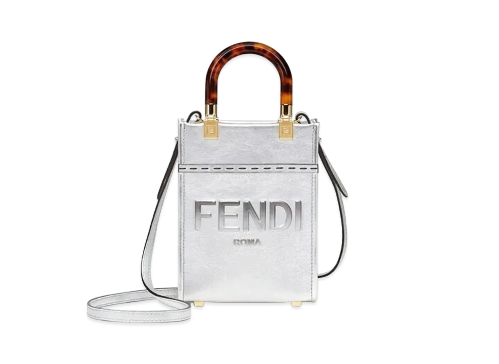 FENDI Sunshine Shopper Small Laminate Leather Shopper "Silver"