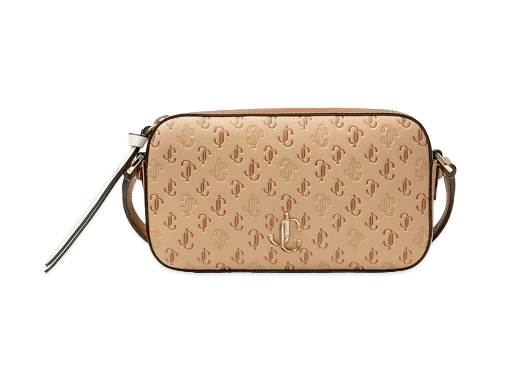 Jimmy Choo Hanne JC Logo Pattern And Leather Crossbody Bag With JC Logo "Caramel"