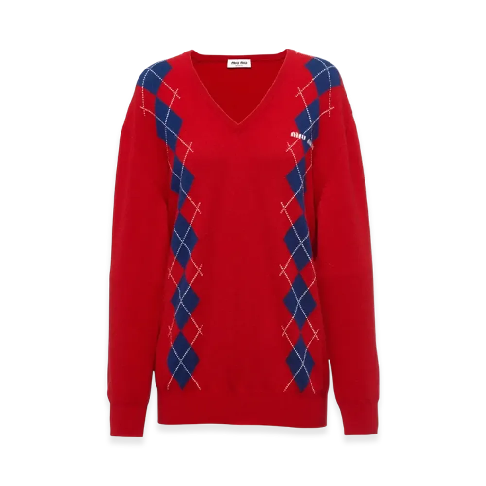 MIU MIU Women's Intarsia Knit Cashmere Sweater "Red"