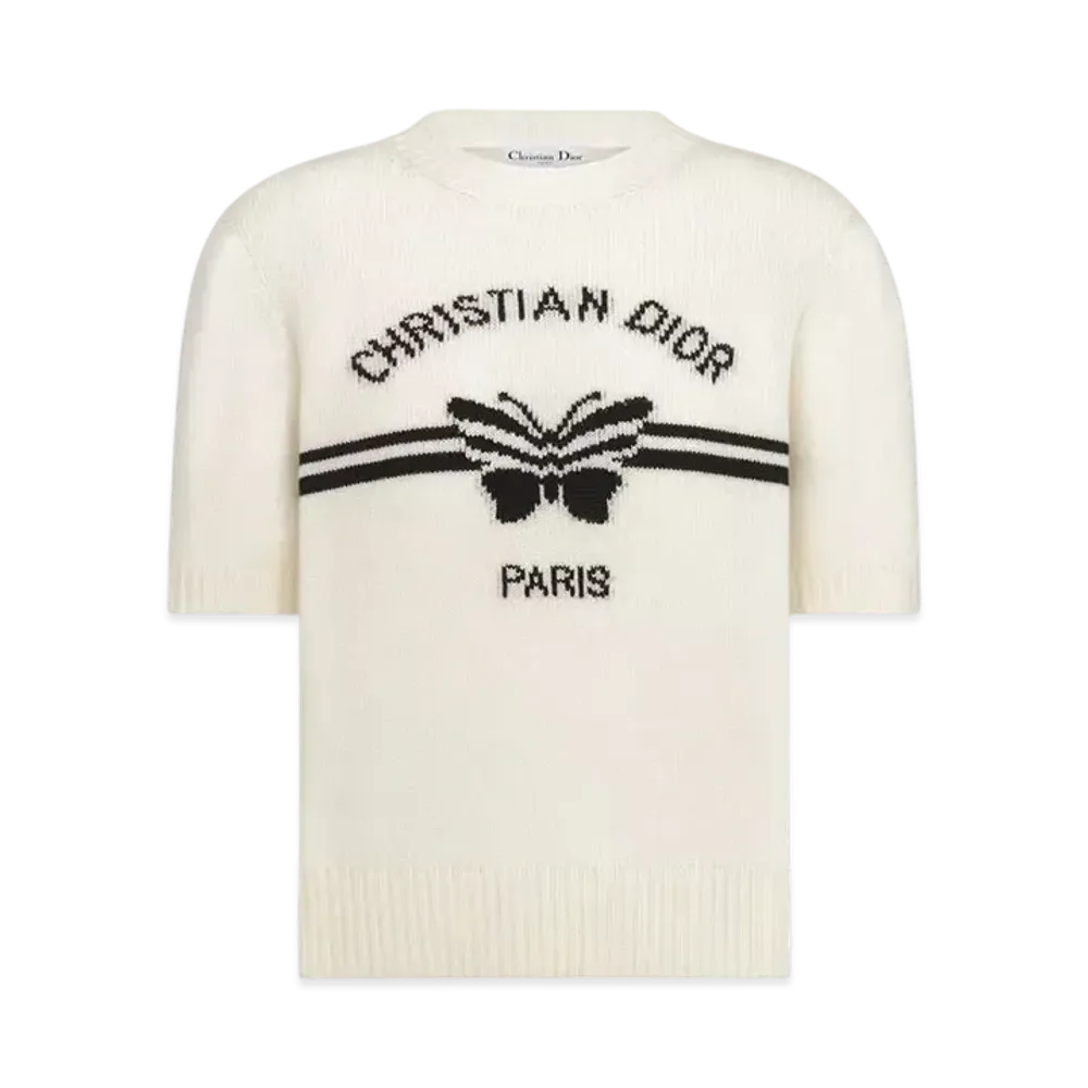 Dior Women's Short-Sleeved Sweater Cashmere Knit with Christian Dior Women's Papillon Motif "White/Black"