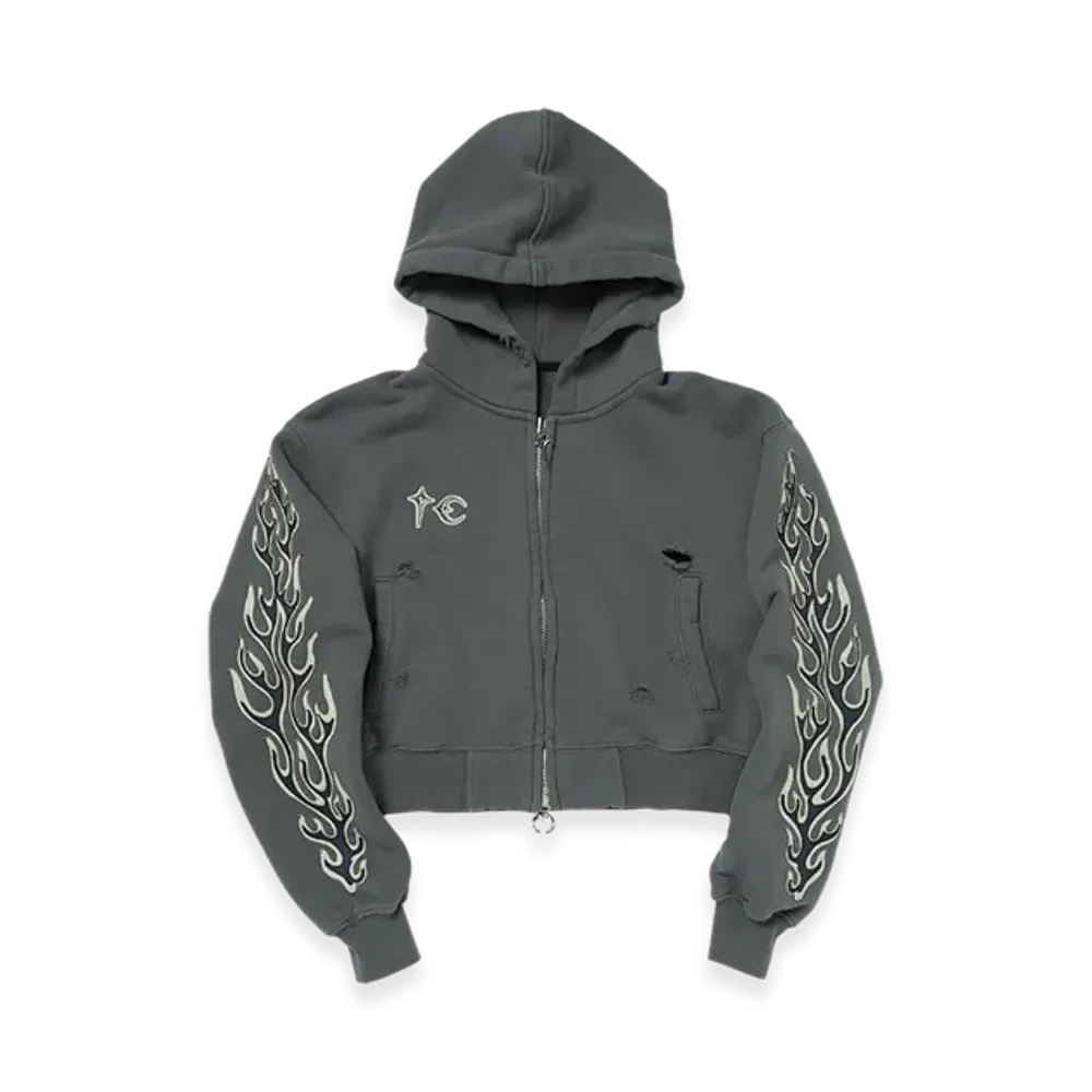 THUG CLUB Leather Flame Cropped Hooded Zip-Up "Grey"