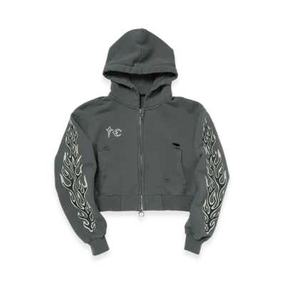 THUG CLUB Leather Flame Cropped Hooded Zip-Up "Grey"