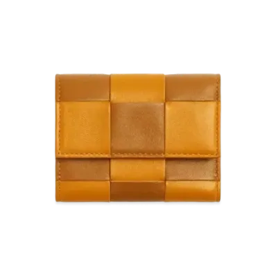 Bottega Veneta Casette Maxi Intrecciato Lambski Zip Trifold Wallet "Cob/Camel"