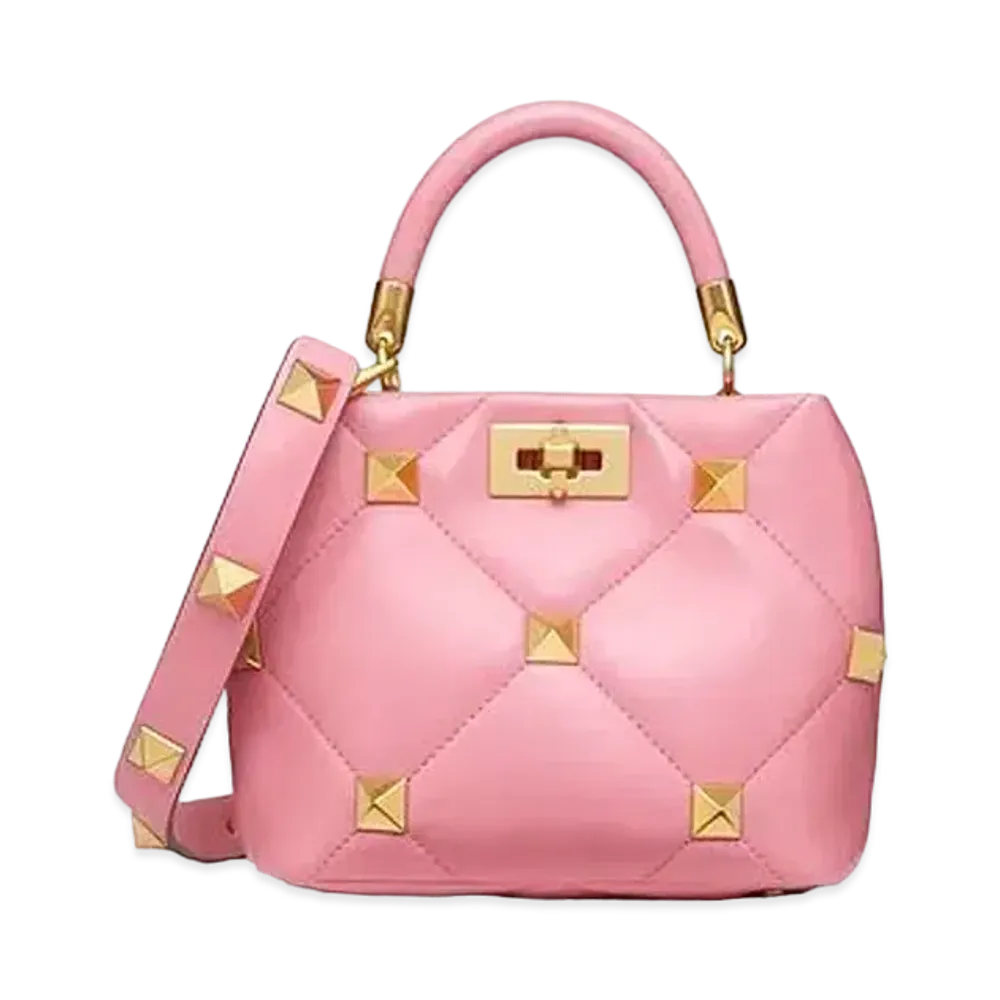 Valentino Small Roman Stud The Handle Bag In Nappa "Flamingo Pink"