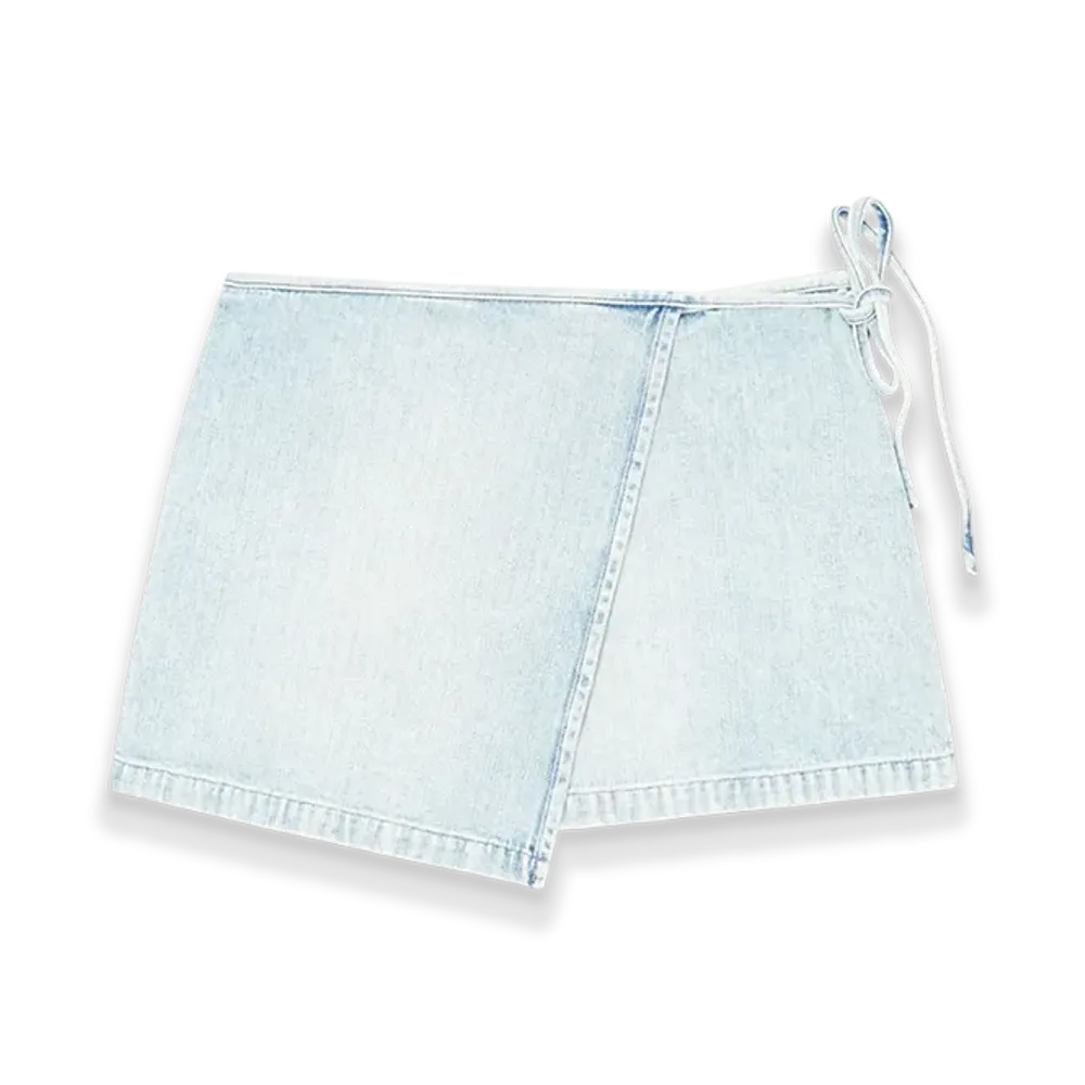 Diesel De-Lem-Mini Short Wrap Skirt In Herringbone Denim "Light Blue"