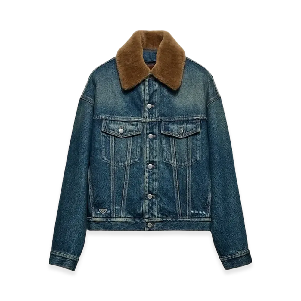 PRADA Padded Denim Blouson Jacket with Shearling Collar "Navy"