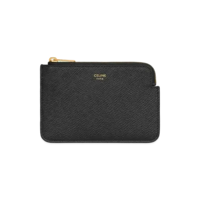 CELINE Coin & Card Pouch with Hook in Grained Calfskin "Black"