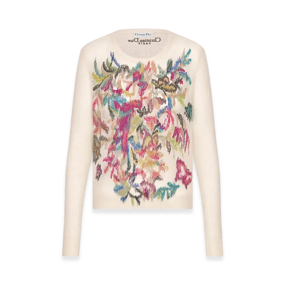 Dior Women's Embroidered Sweater Technical Alpaca Knit Fantastica Motif "White/Multicolor"