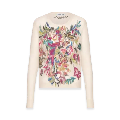 Dior Women's Embroidered Sweater Technical Alpaca Knit Fantastica Motif "White/Multicolor"