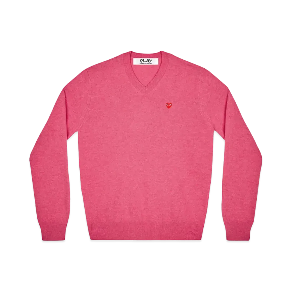 PLAY COMME des GARCONS V Neck Sweater With Small Red Heart Mens "Pink"