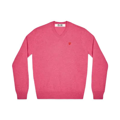 PLAY COMME des GARCONS V Neck Sweater With Small Red Heart Mens "Pink"