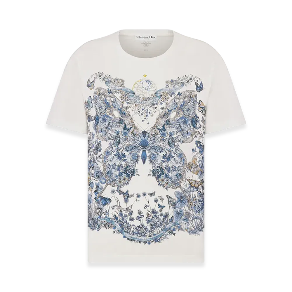 Dior Women's T-Shirt Linen Jersey Butterfly Around The World Motif "White/Pastel Midnight Blue"