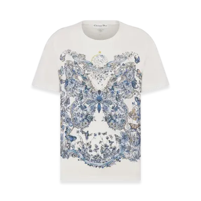 Dior Women's T-Shirt Linen Jersey Butterfly Around The World Motif "White/Pastel Midnight Blue"
