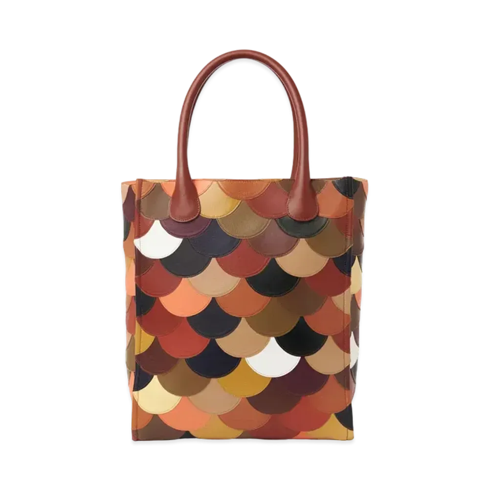 Chloe Large Joyce Tote Bag In Shiny Calfskin Scallop Patchwork "Brown"