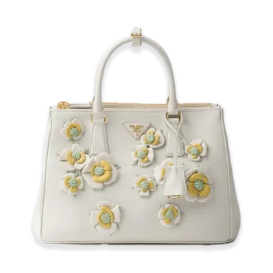 PRADA Galleria Large Soft Grain Leather Bag with Floral Applique "White"