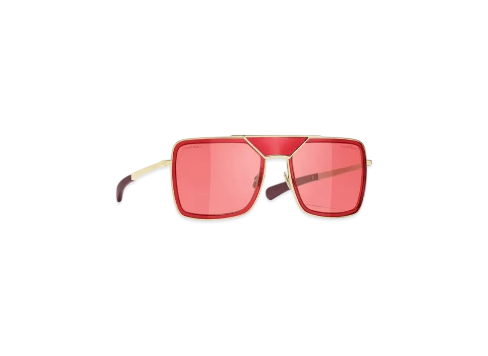 CHANEL Pilot Sunglasses Metal & Calfskin "Light Gold/Red"