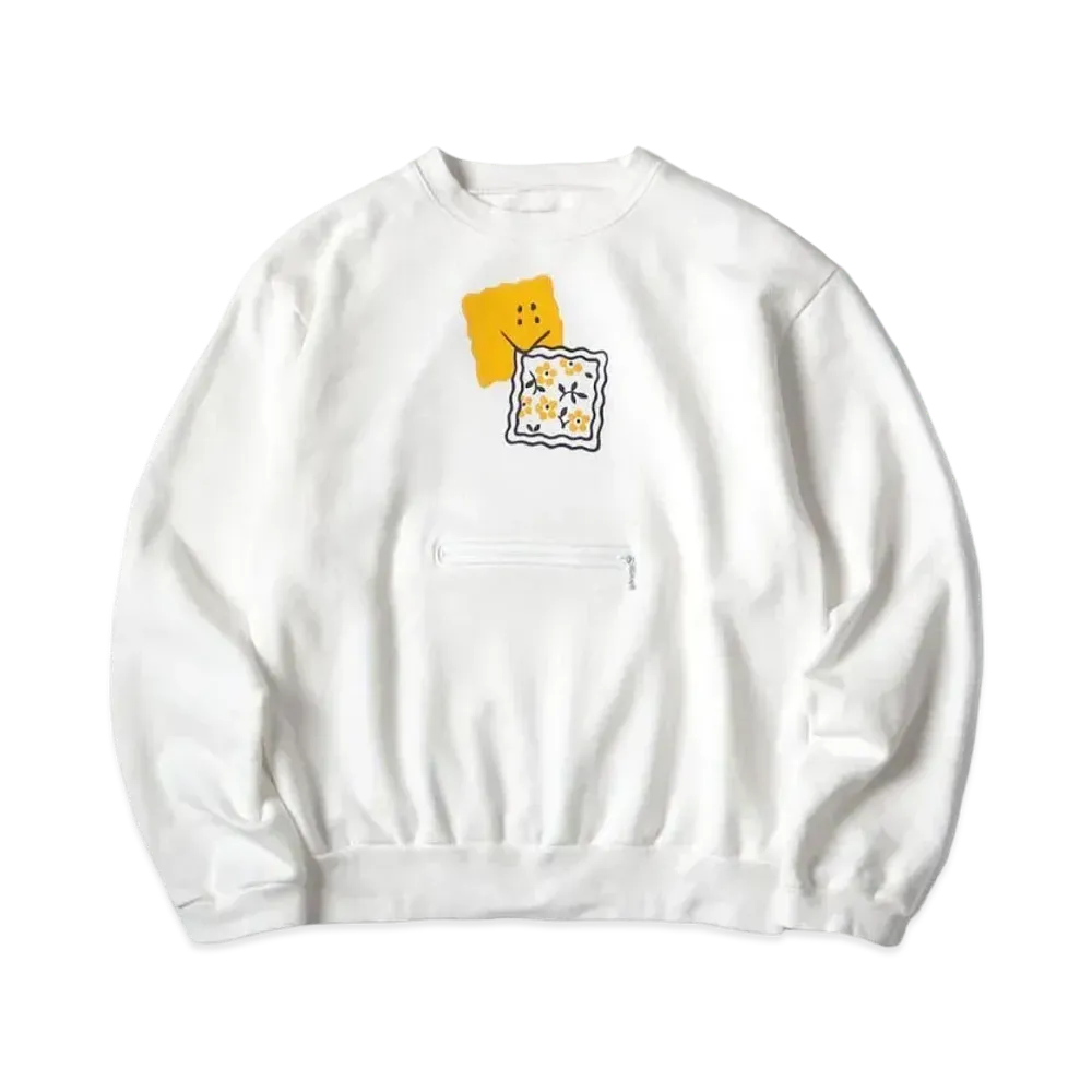 KAPITAL 30 Fleece Cookie Pocket Crew Sweat "White"