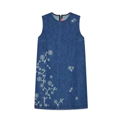 KENZO 'MARGUERITE'' Embroidery Short Dress in Japanese Denim "Medium Stone Blue Denim"