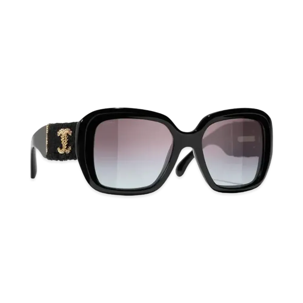 CHANEL Square Sunglasses Acetate & Tweed "Black"