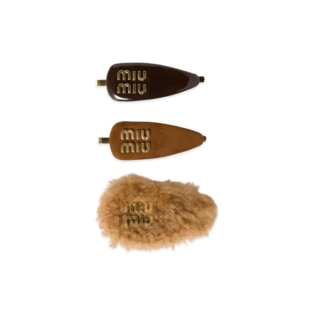 MIUMIU Set Of Leather Suede and Shearling Hair Clips "Brown"