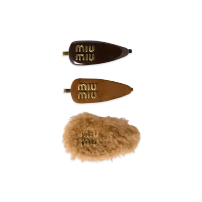 MIUMIU Set Of Leather Suede and Shearling Hair Clips "Brown"