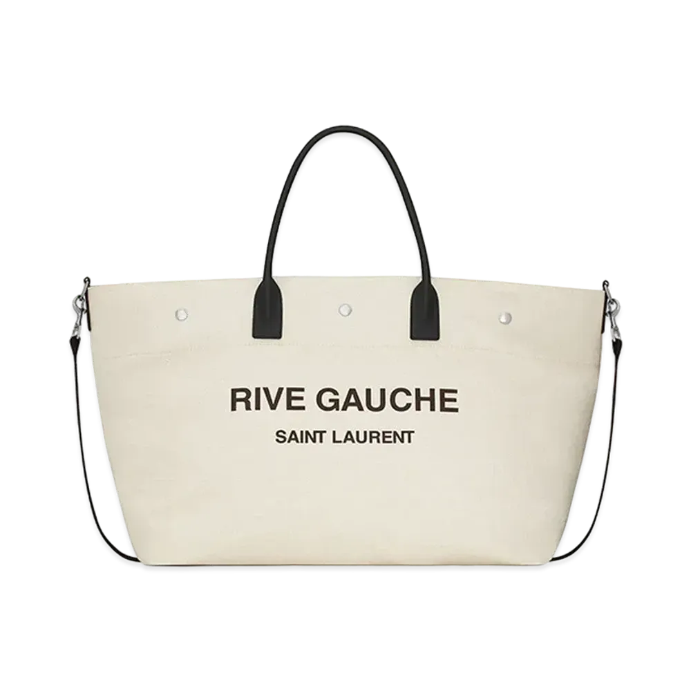 Saint Laurent Rive Gauche Maxi Shopping Bag In Printed Canvas And Smooth Leather "Grege"