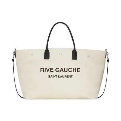 Saint Laurent Rive Gauche Maxi Shopping Bag In Printed Canvas And Smooth Leather "Grege"