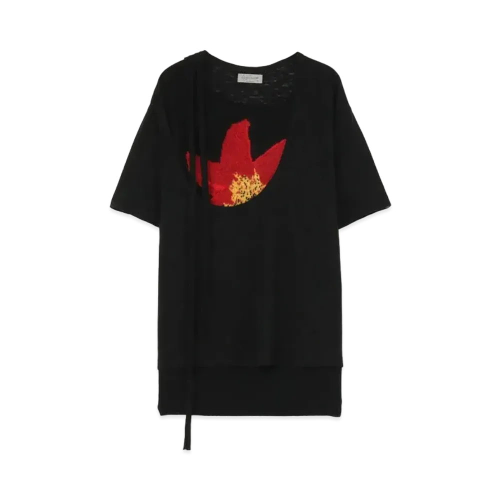 Yohji Yamamoto Pour Homme 7G FLOWER PRINT KNIT+CUT AND SEWN LAYERED SHORT SLEEVES "Black"