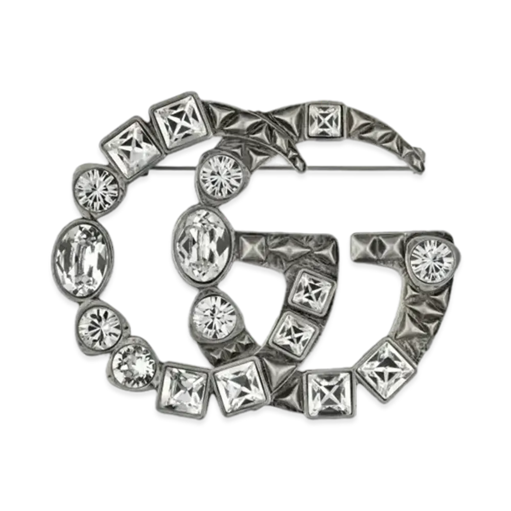 GUCCI Crystal Double G Brooch "Palladium"