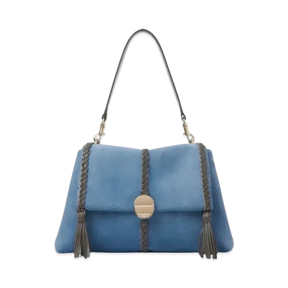 Chloe Penelope Medium Soft Shoulder Bag Suede Calfskin With Leather Braids "Heaven Blue"