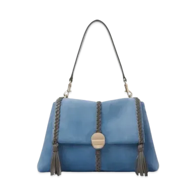 Chloe Penelope Medium Soft Shoulder Bag Suede Calfskin With Leather Braids "Heaven Blue"