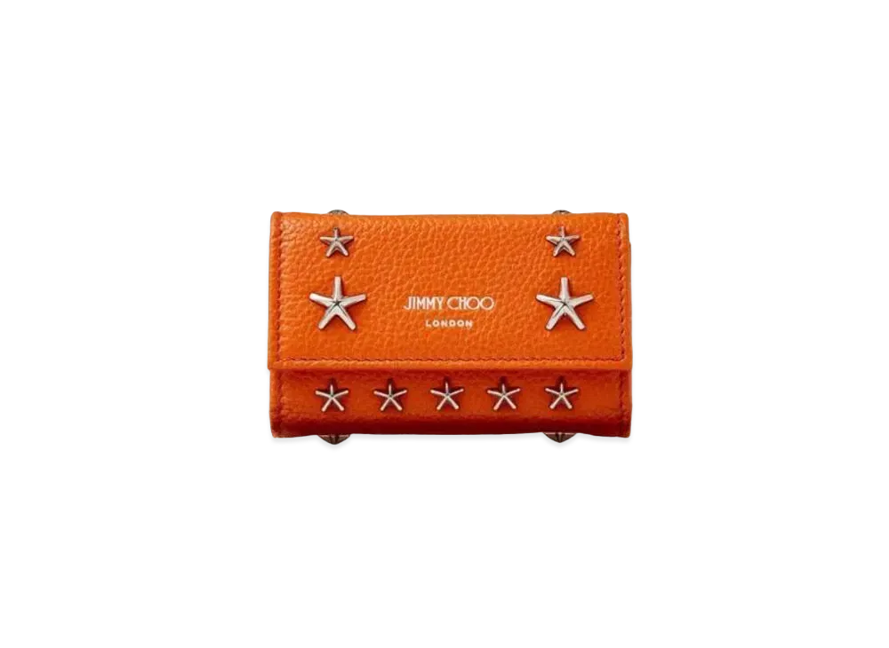 JIMMY CHOO HOWICK Soft Grainy Calf Leather Key Case With Star Studs "Amber Orange"