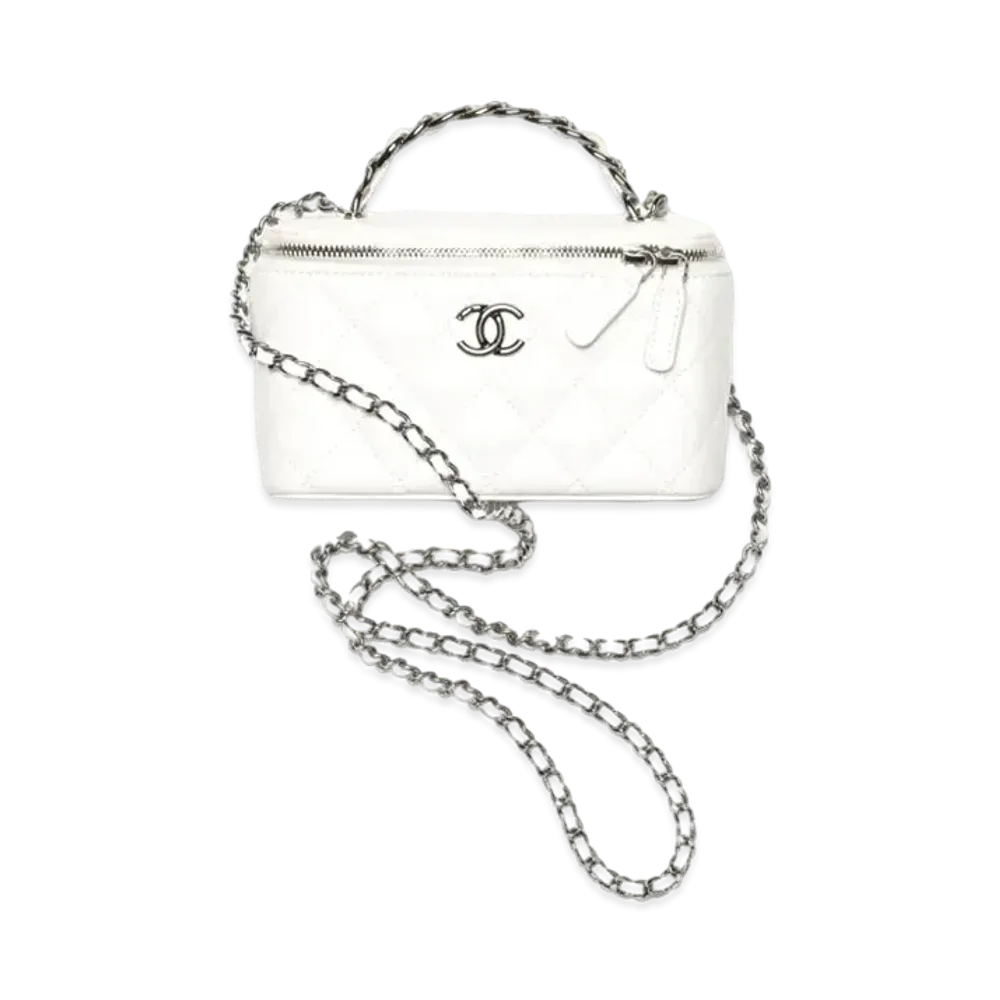 CHANEL Clutch With Chain Shiny Crumpled Calfskin Strass Ruthenium Finish Metal "White"