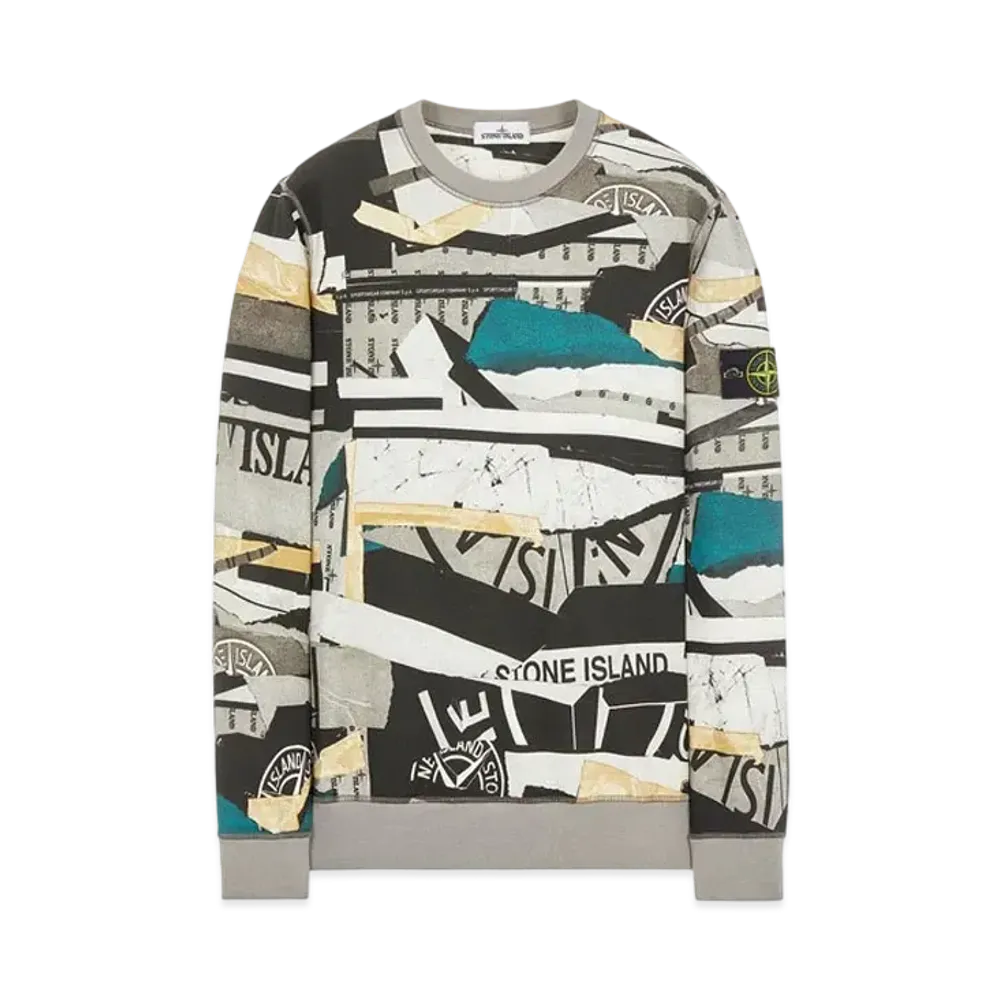 Stone Island 63087 BRUSHED COTTON FLEECE_ 'MIXED MEDIA ALL OVER' PRINT "Teal"