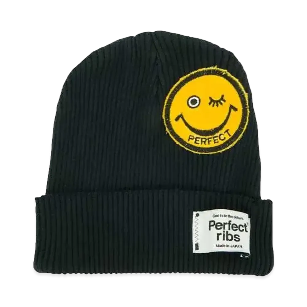 Perfect ribs (SMILE Patch) Rib Beanie Cap "Vintage Black"