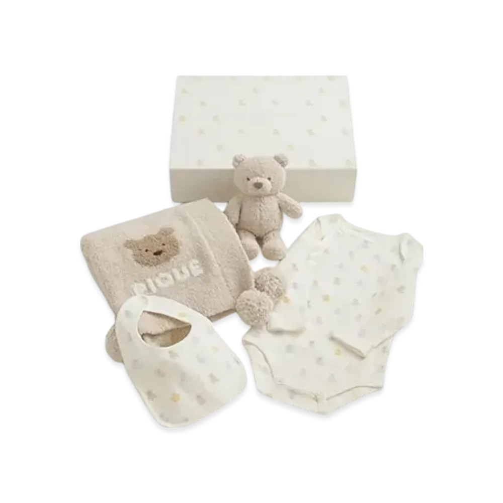 GELATO PIQUE Baby Bear Blanket & Stuffed Toy & Bodysuit & Bib 4 Piece Set Gift Box "Beige"