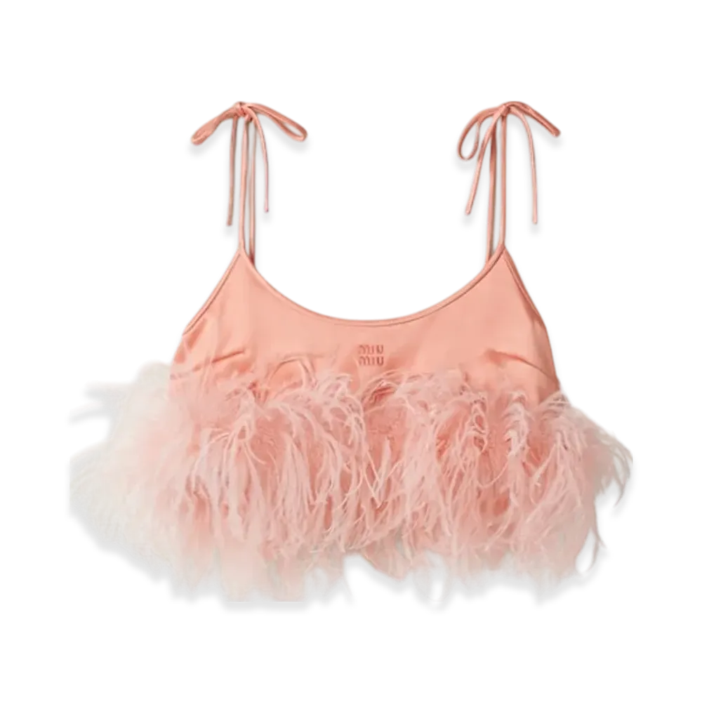 MIU MIU Women's Feather Trimmed Satin Top "Coral"