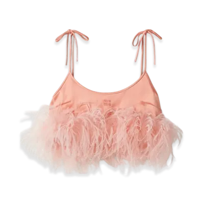 MIU MIU Women's Feather Trimmed Satin Top "Coral"
