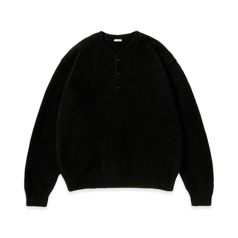 A.PRESSE Brushed Cashmere Middle Gauge Henley Neck Sweater "Black"