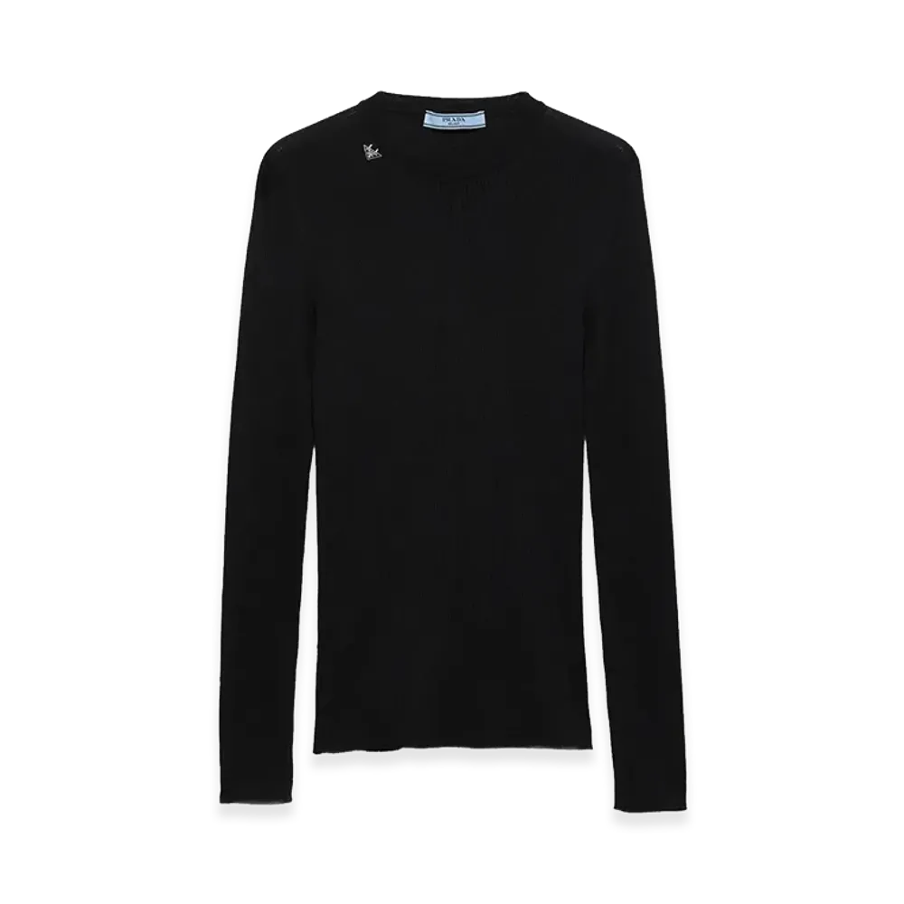 PRADA Women's Ribbed Knit Wool Crewneck Sweater "Black"